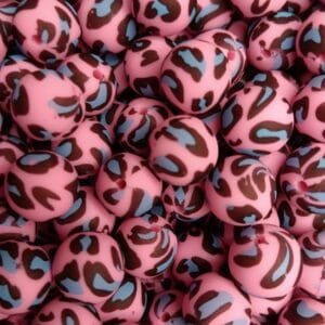 15mm Pink and Blue Leopard Printed Silicone Bead