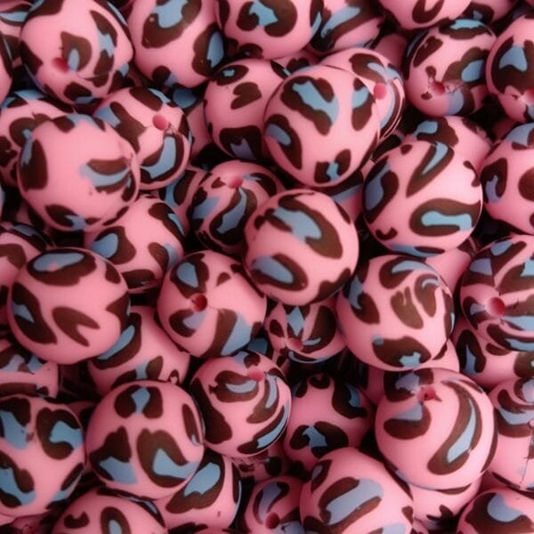 15mm Pink and Blue Leopard Printed Silicone Bead