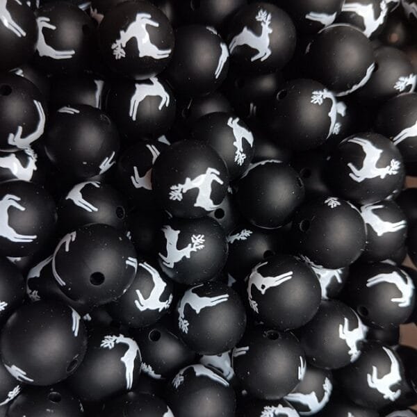 15mm Printed Silicone Bead, Black & White Reindeer