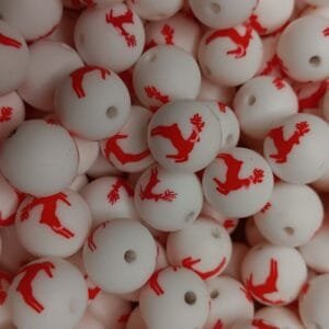 15mm Printed Silicone Bead, Red & White Reindeer
