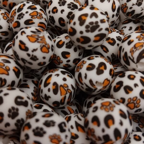 15mm Printed Silicone Bead, Leopard Paw Print