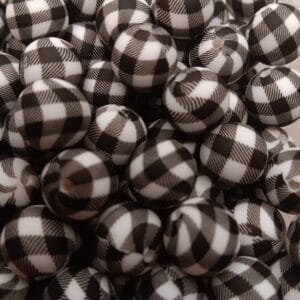 15mm Printed Silicone Bead, White Buffalo Check