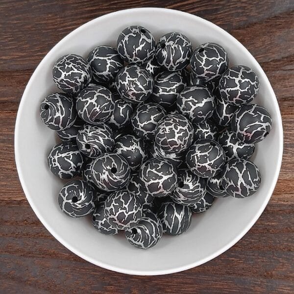 15mm Black & Silver Lightening Printed Bead