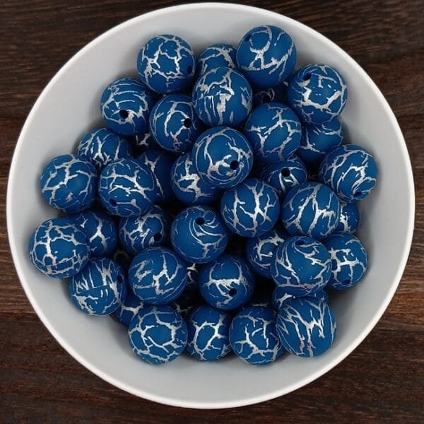 15mm Navy & Silver Lightening Printed Bead