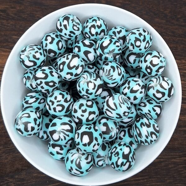 15mm Silicone Print Bead, Cyan Leopard