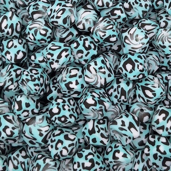 14mm Silicone Hexagon Bead, Cyan Leopard