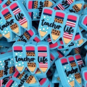 Blue Pencil Teacher Silicone Focal Bead