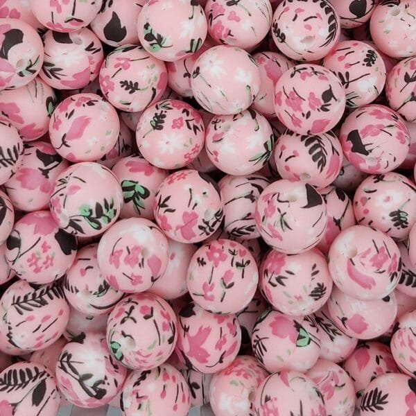 15mm Silicone Print Bead, Pink Petals