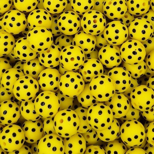15mm Silicone Print Bead, Yellow & Black Polka Dot